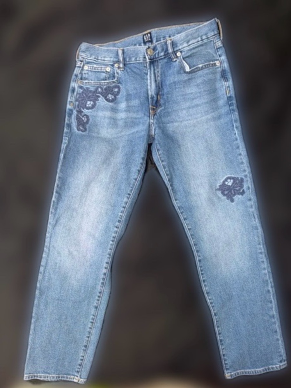 GAP Women's Light Blue Straight-Leg Jeans with Navy Floral Embroidery